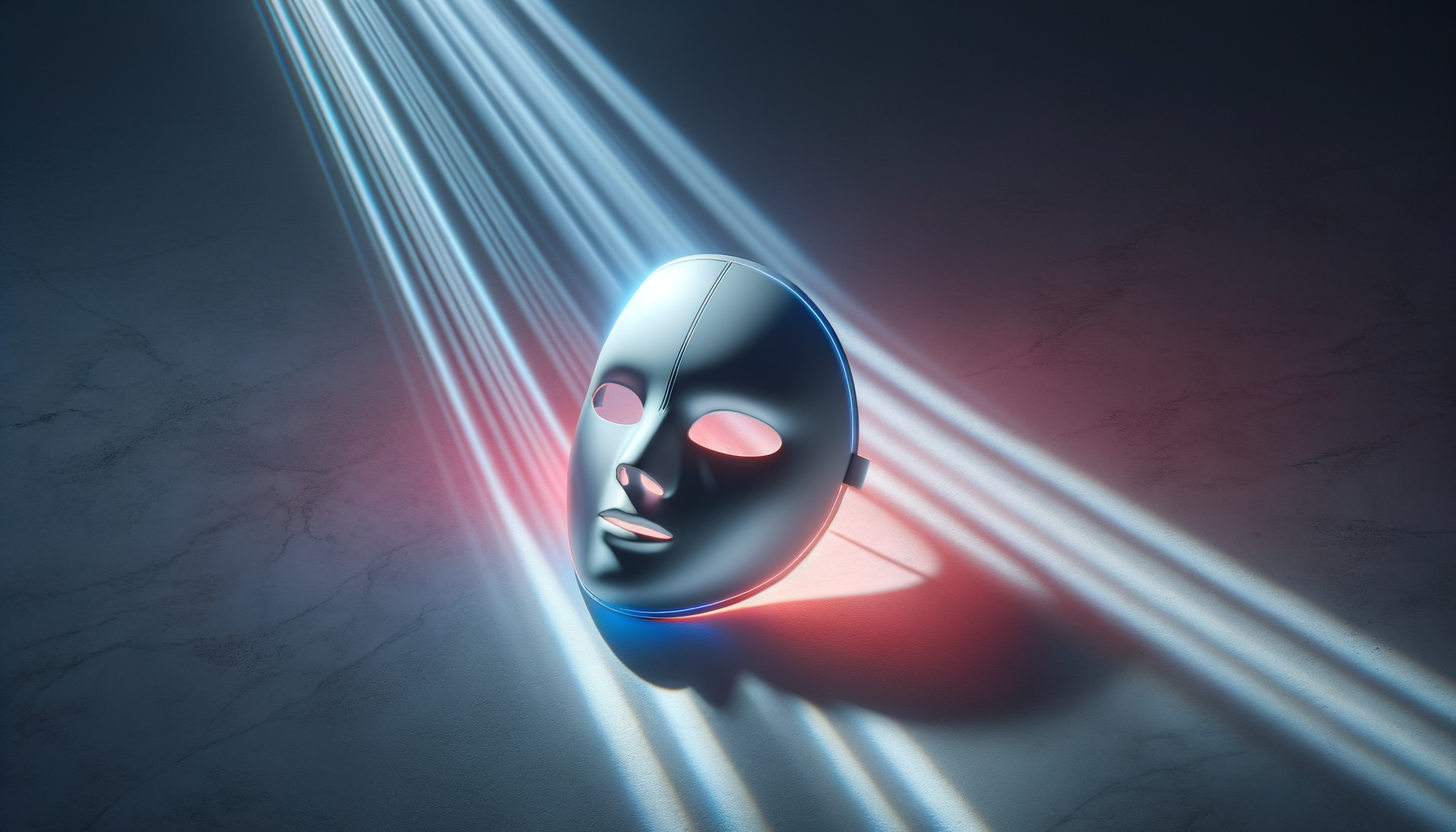 modern light therapy mask glowing on marble with soft red and blue light accents