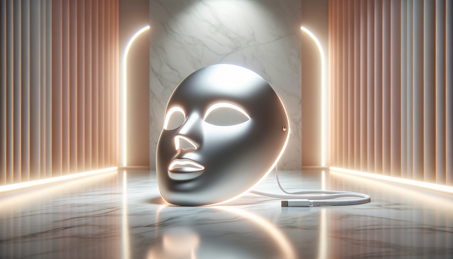 modern light therapy mask glowing gently on marble in soft, radiant lighting