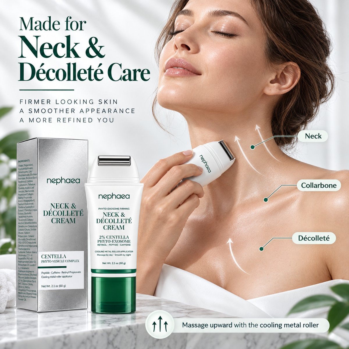 nephaea Neck & Décolleté Cream with Cooling Metal Roller – 2% Centella Phyto-Exosome, Retinol, Peptide & Caffeine, 2.1 oz