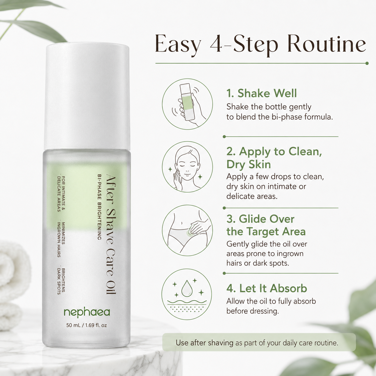 Easy 4-step routine — shake well, apply to clean dry skin, glide over the area, let it absorb