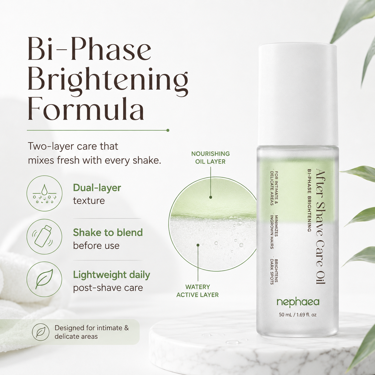 Bi-phase brightening formula with a nourishing oil layer and a watery active layer