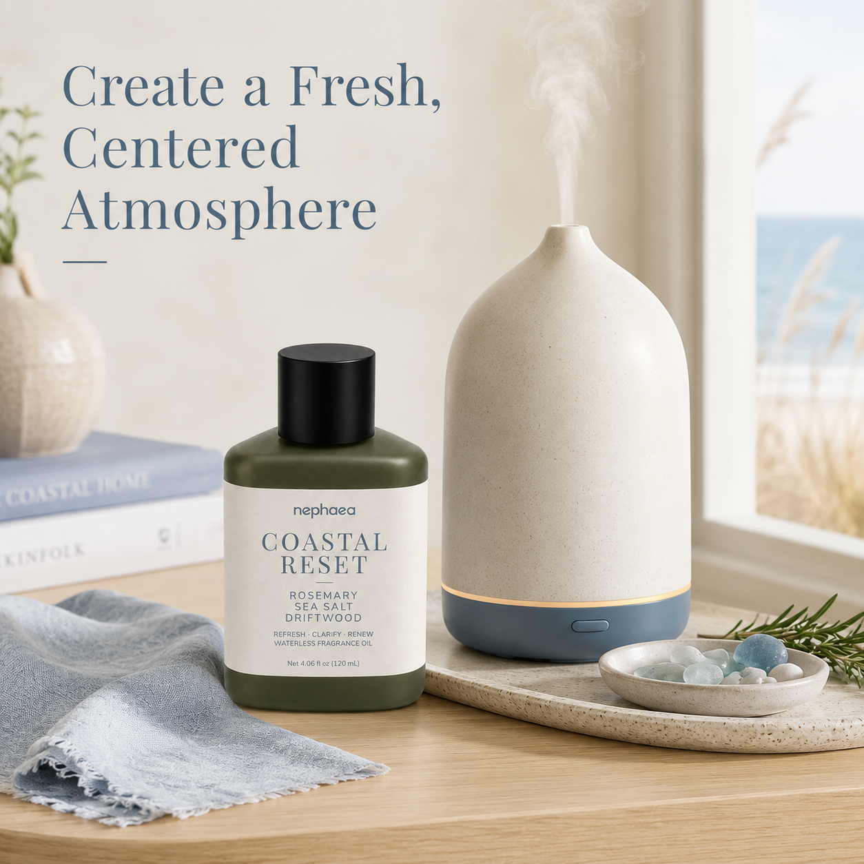 Coastal Reset fragrance oil styled with a ceramic diffuser