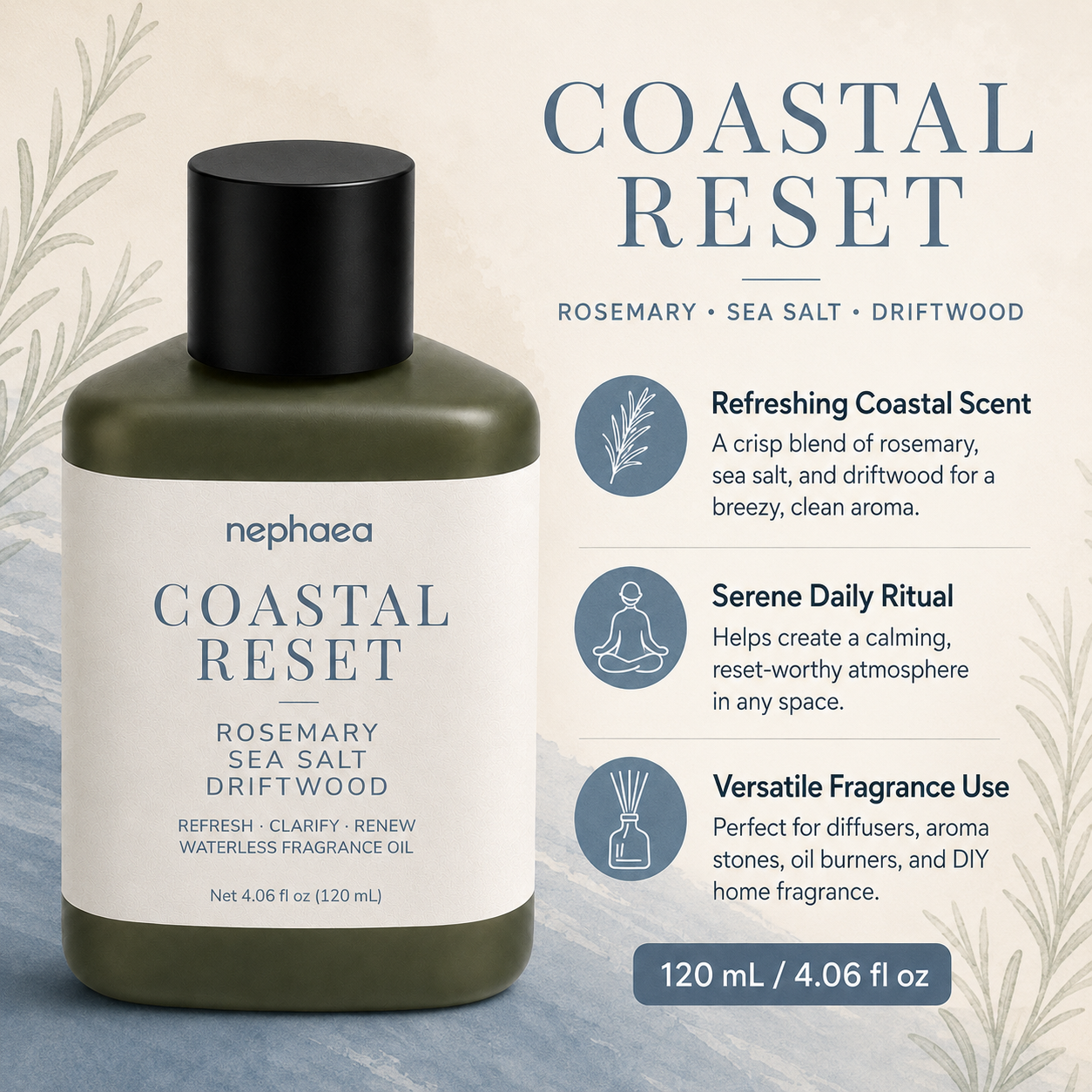 Coastal Reset fragrance oil features and 120 mL size