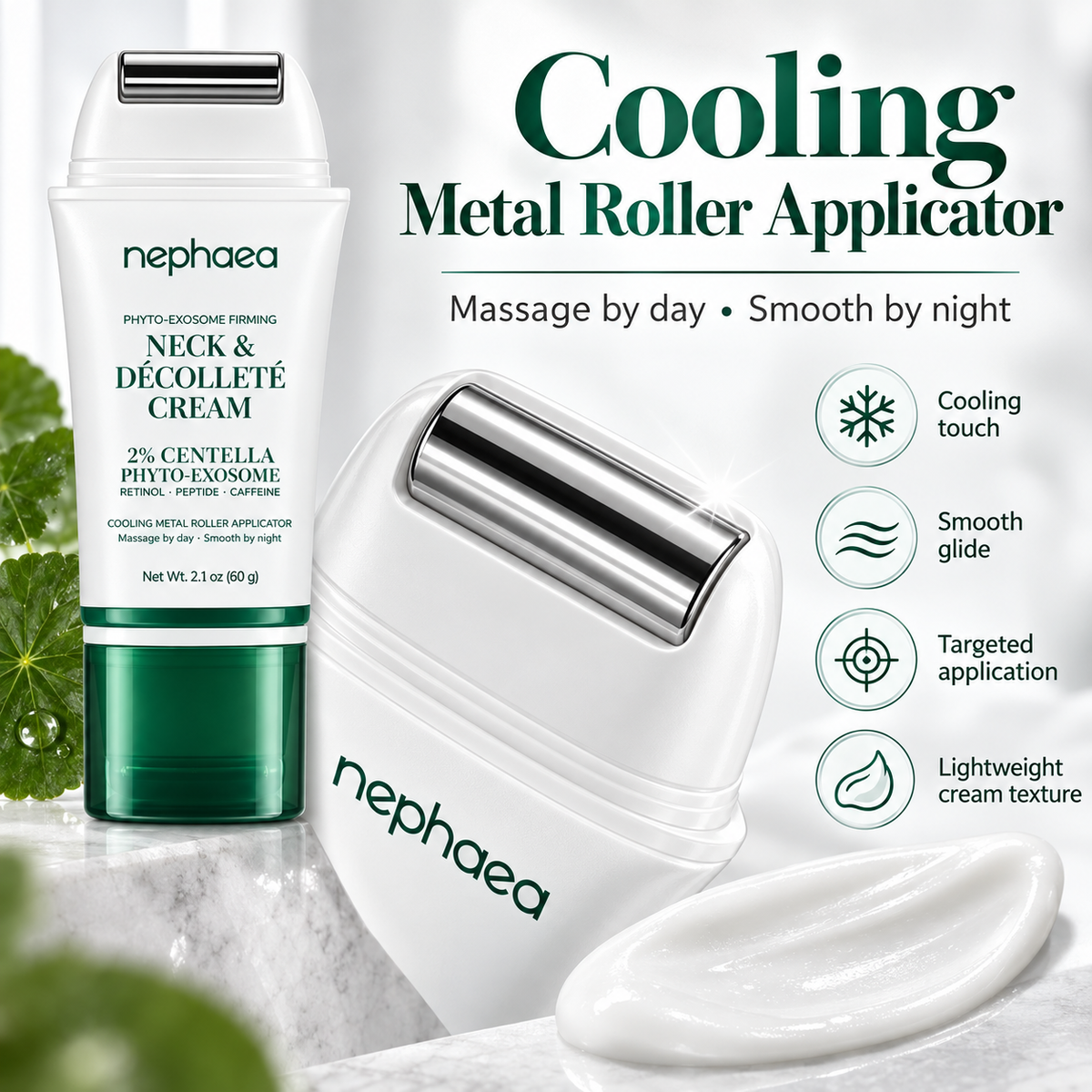 nephaea Neck & Décolleté Cream with Cooling Metal Roller – 2% Centella Phyto-Exosome, Retinol, Peptide & Caffeine, 2.1 oz