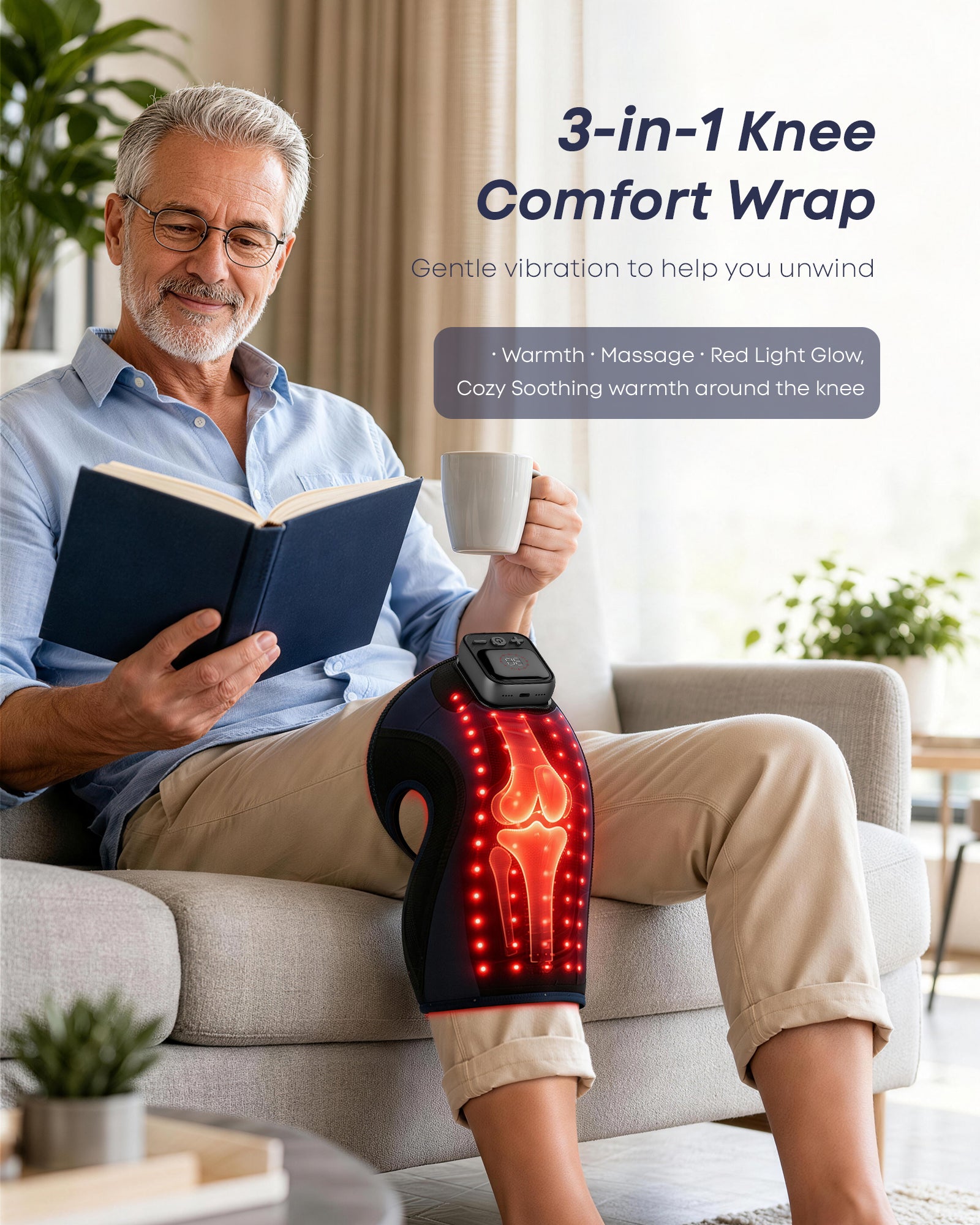 3-in-1 knee comfort wrap with warmth, massage and red light glow