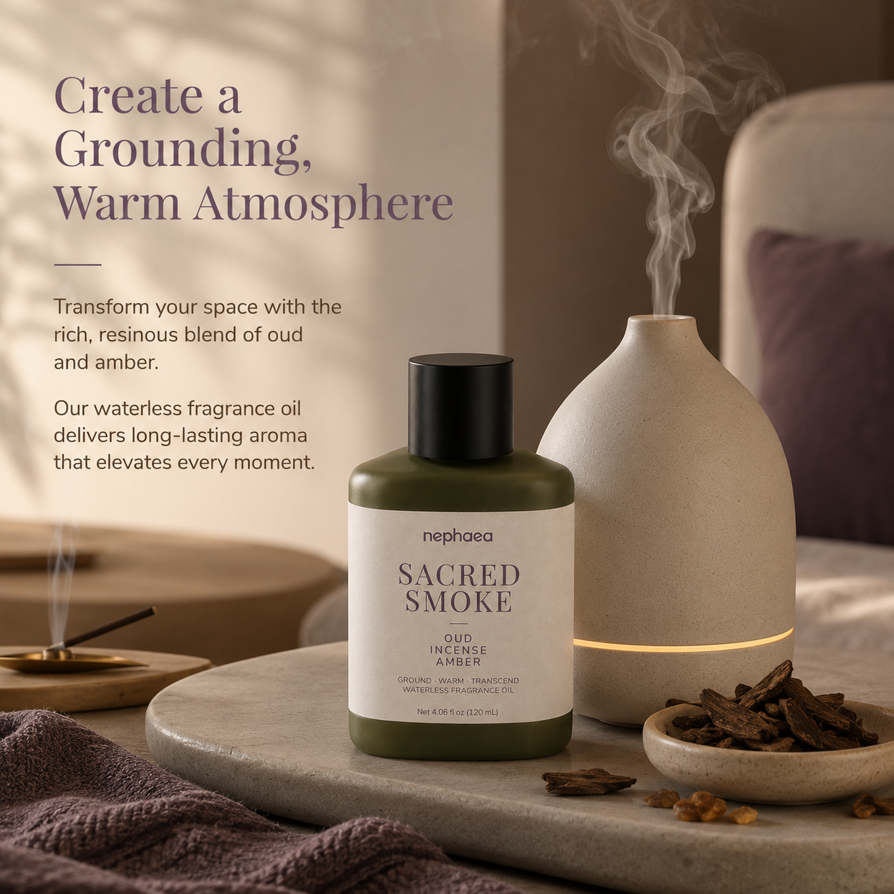 Sacred Smoke fragrance oil styled with a ceramic diffuser