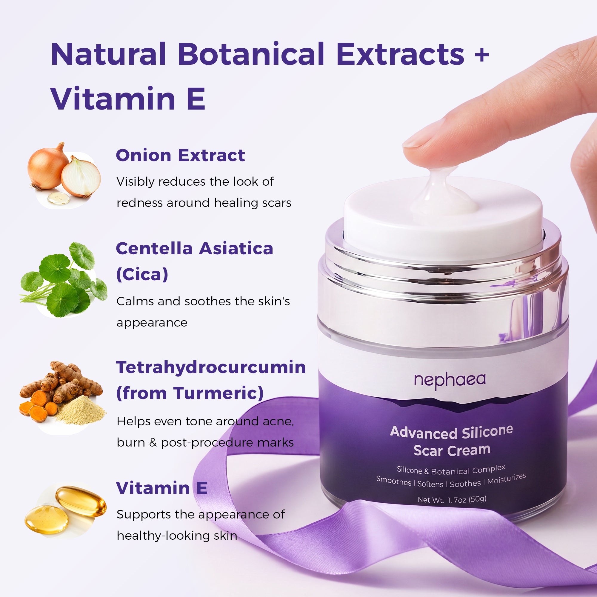 Natural botanical extracts plus vitamin E — onion extract, Centella Asiatica, tetrahydrocurcumin and vitamin E