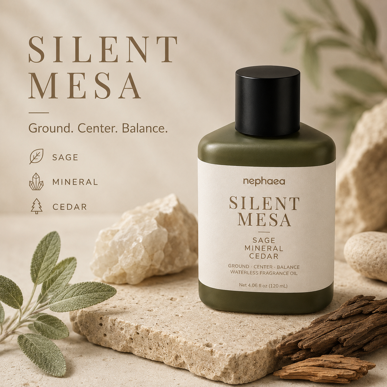 Silent Mesa waterless fragrance oil — concentrated, clean and long-lasting