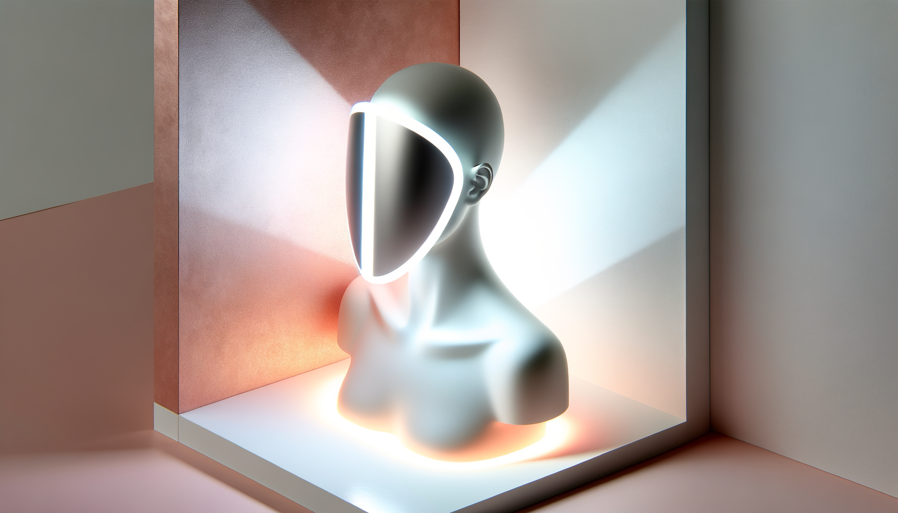 sleek light therapy mask glowing on smooth skin in a soft, modern setting