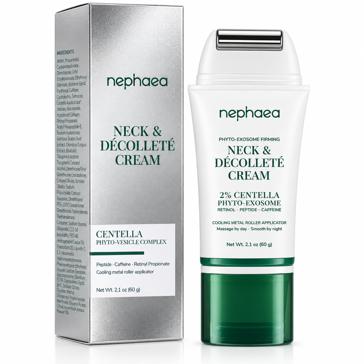 nephaea Neck & Décolleté Cream with Cooling Metal Roller – 2% Centella Phyto-Exosome, Retinol, Peptide & Caffeine, 2.1 oz