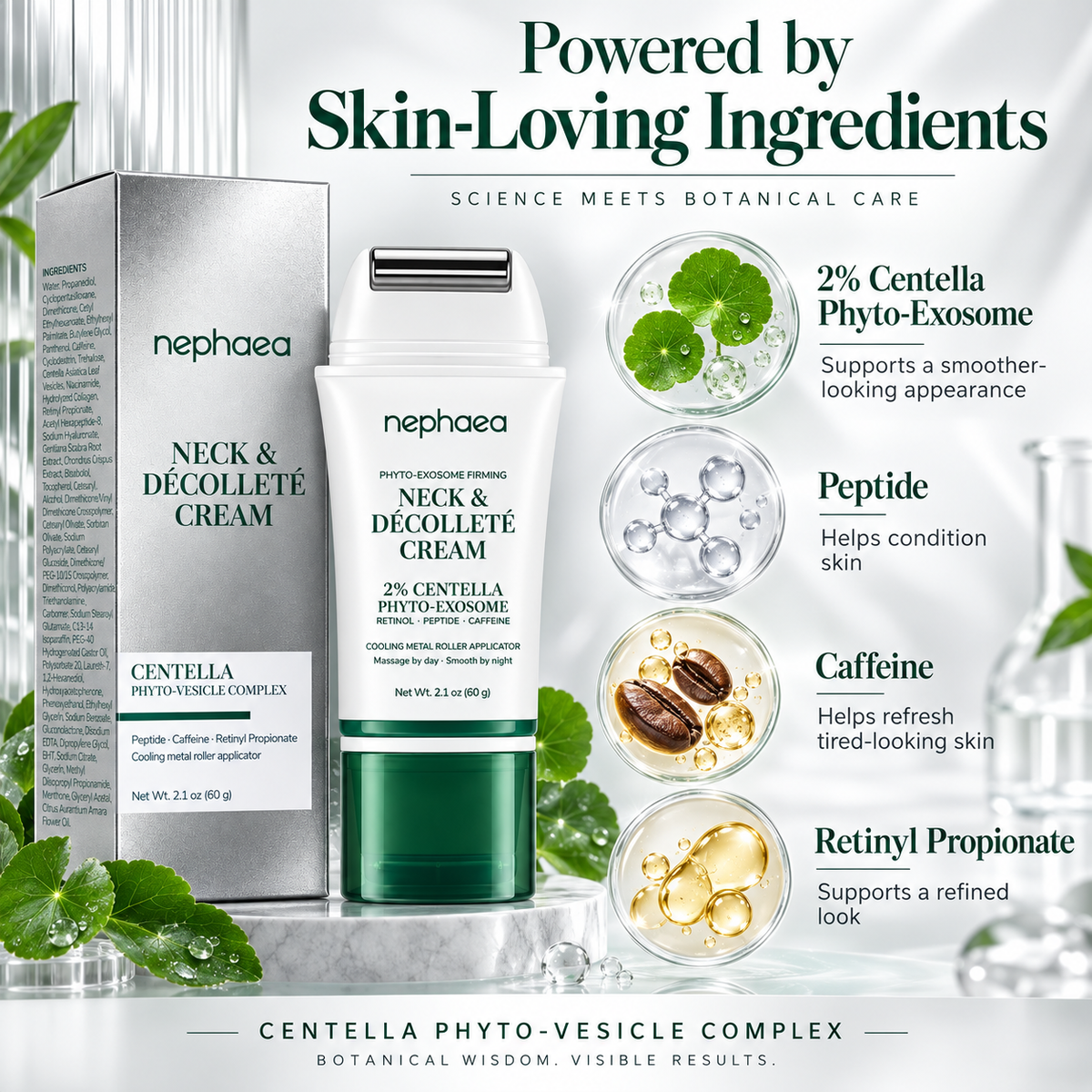 nephaea Neck & Décolleté Cream with Cooling Metal Roller – 2% Centella Phyto-Exosome, Retinol, Peptide & Caffeine, 2.1 oz