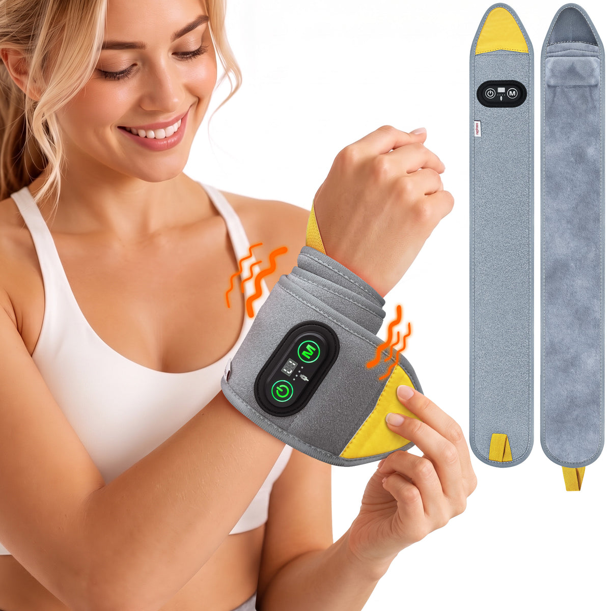 Woman wearing the NG480 red light therapy wrap around her wrist
