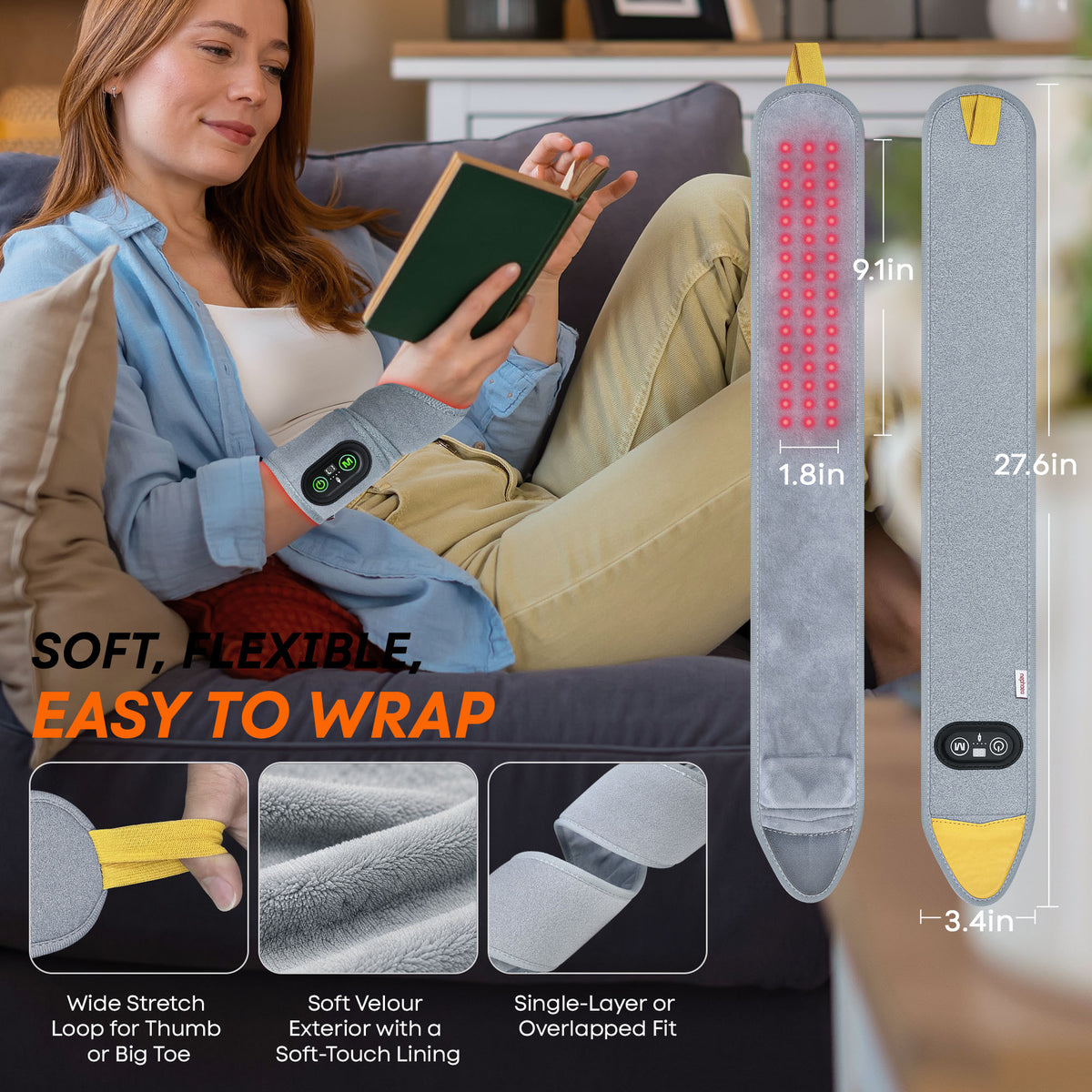 NG480 flexible wrap opened to show the soft interior, LED array, and adjustable strap