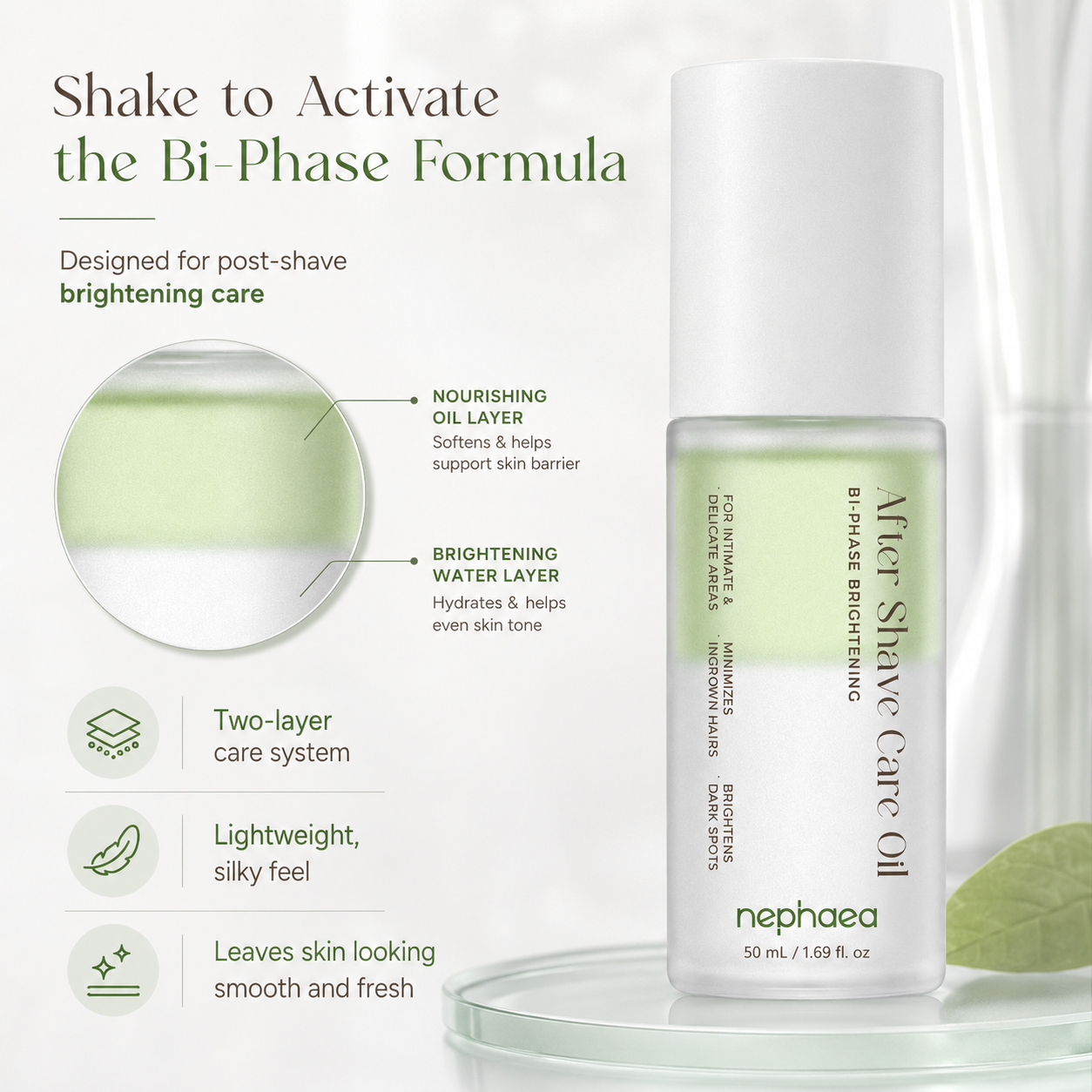 Shake to activate the bi-phase formula — a two-layer care system