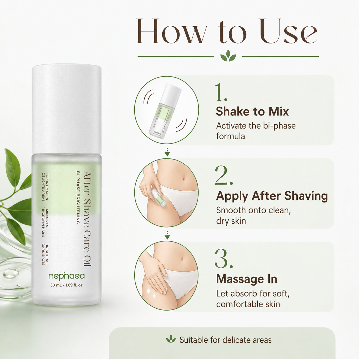How to use — shake to mix, apply after shaving, massage in