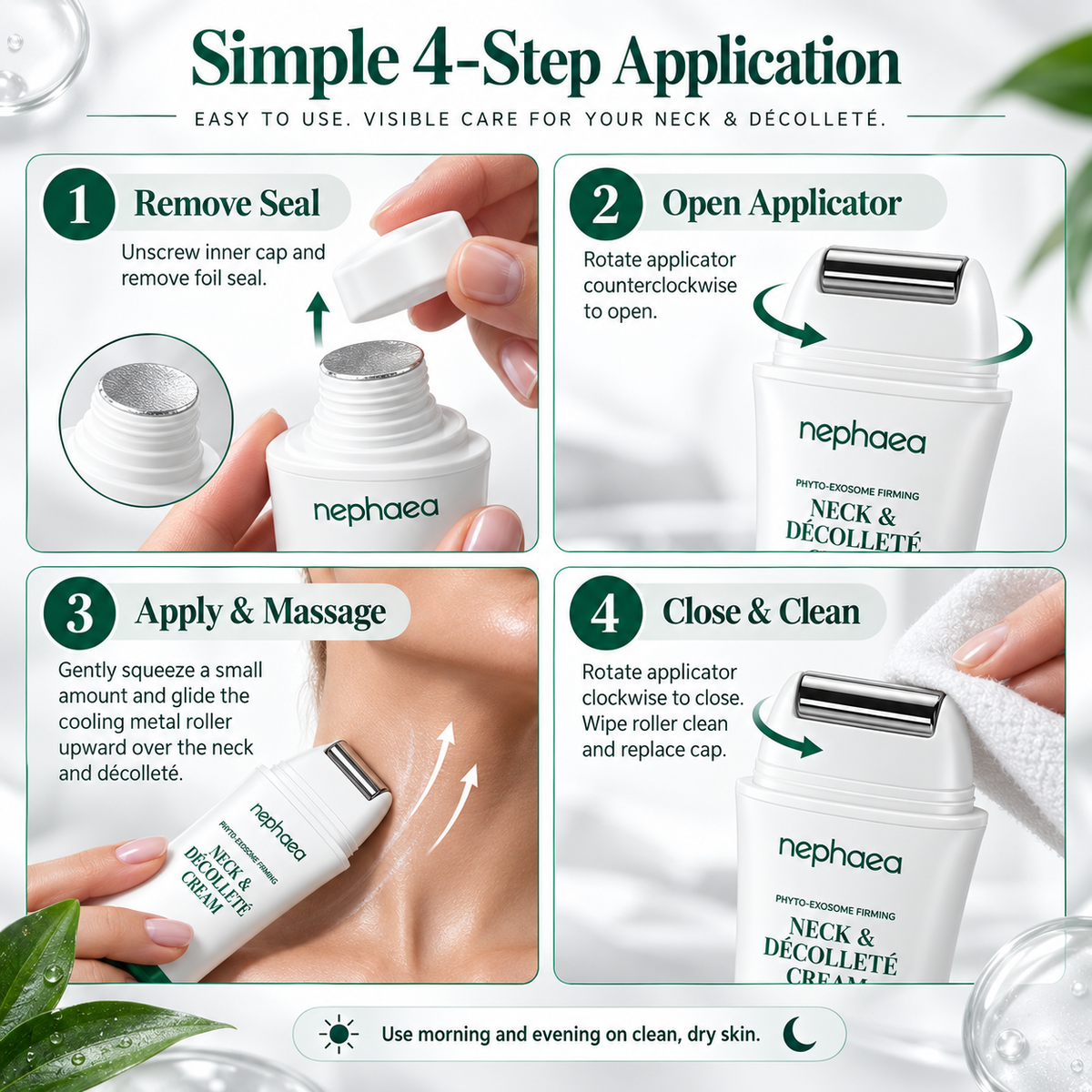 nephaea Neck & Décolleté Cream with Cooling Metal Roller – 2% Centella Phyto-Exosome, Retinol, Peptide & Caffeine, 2.1 oz
