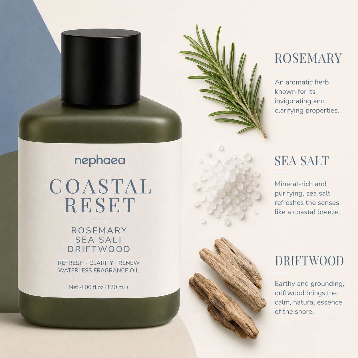 Coastal Reset scent notes — rosemary, sea salt and driftwood