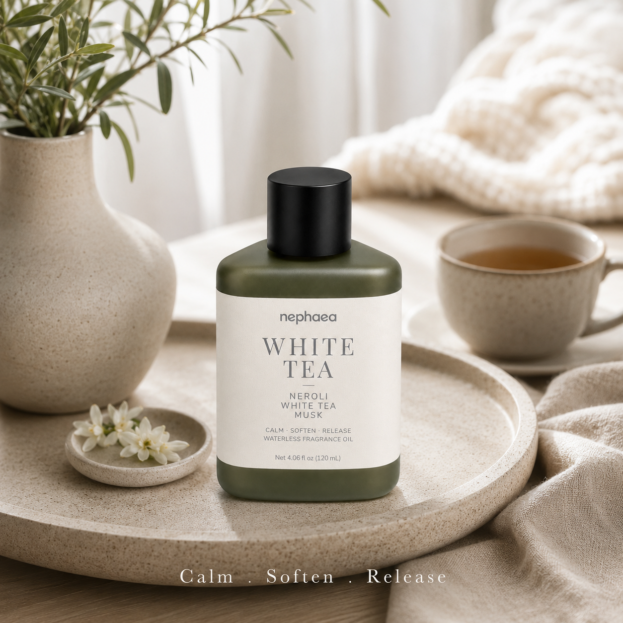 Calm Soften Release fragrance oil on tea tray