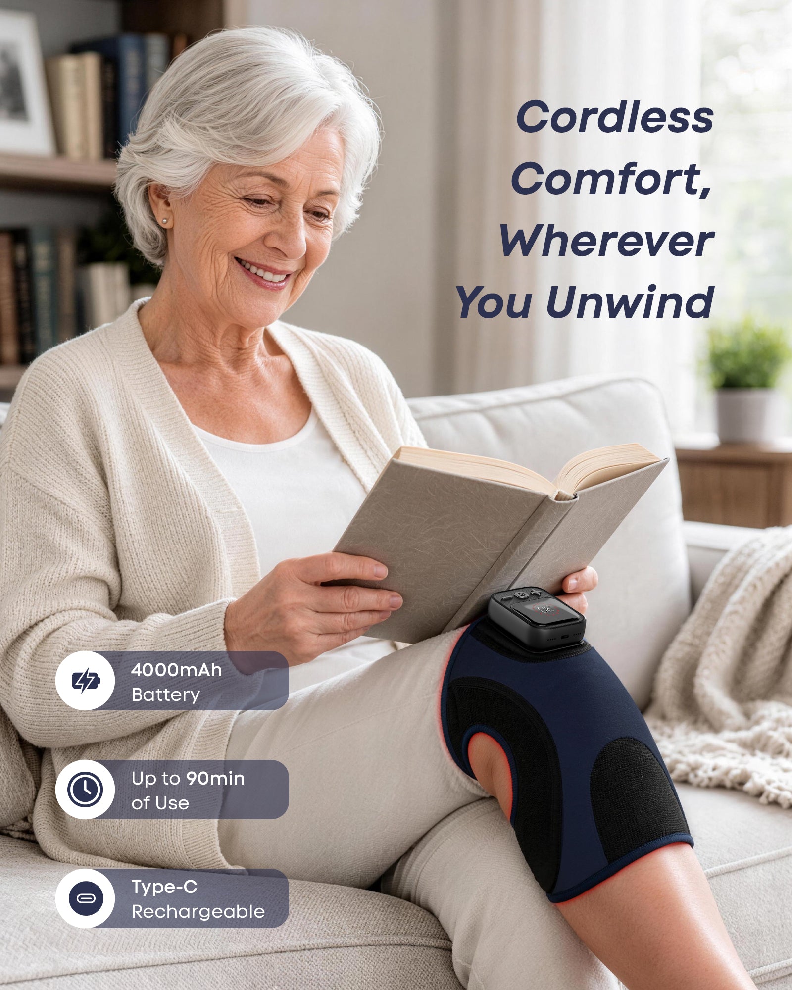 Cordless 4000mAh battery, up to 90 minutes of use, Type-C rechargeable