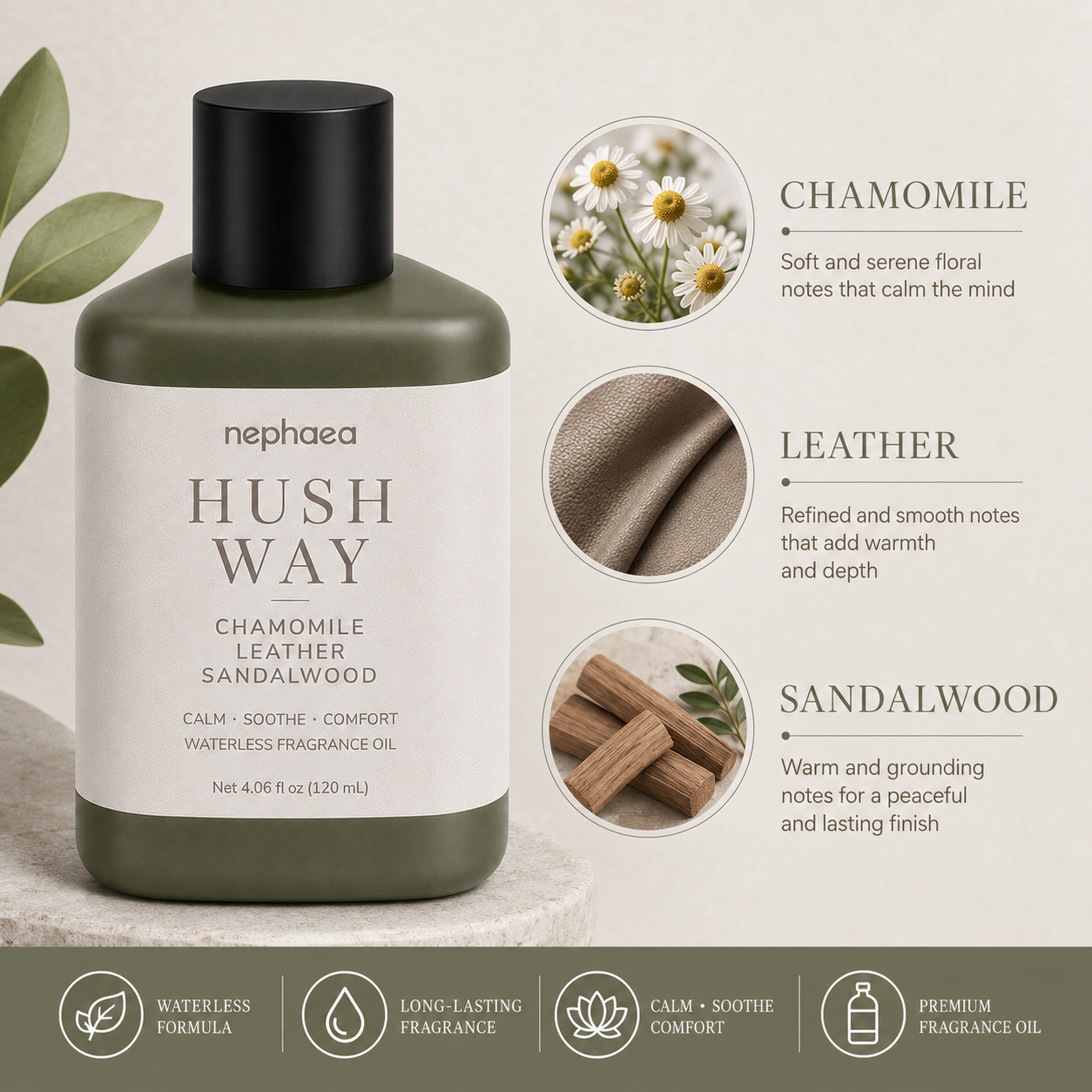 Hush Way scent notes — chamomile, leather and sandalwood