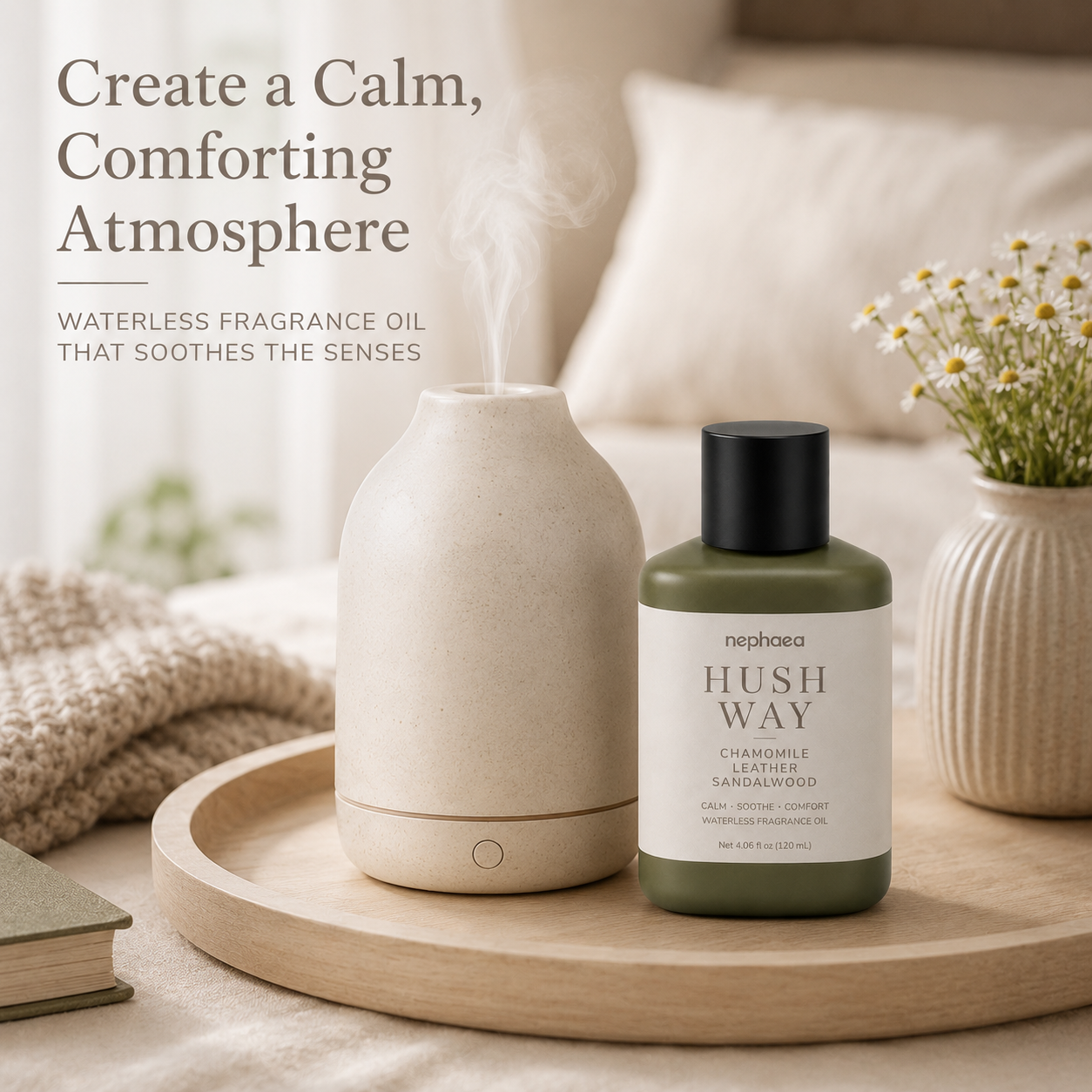 Hush Way fragrance oil styled with a ceramic diffuser