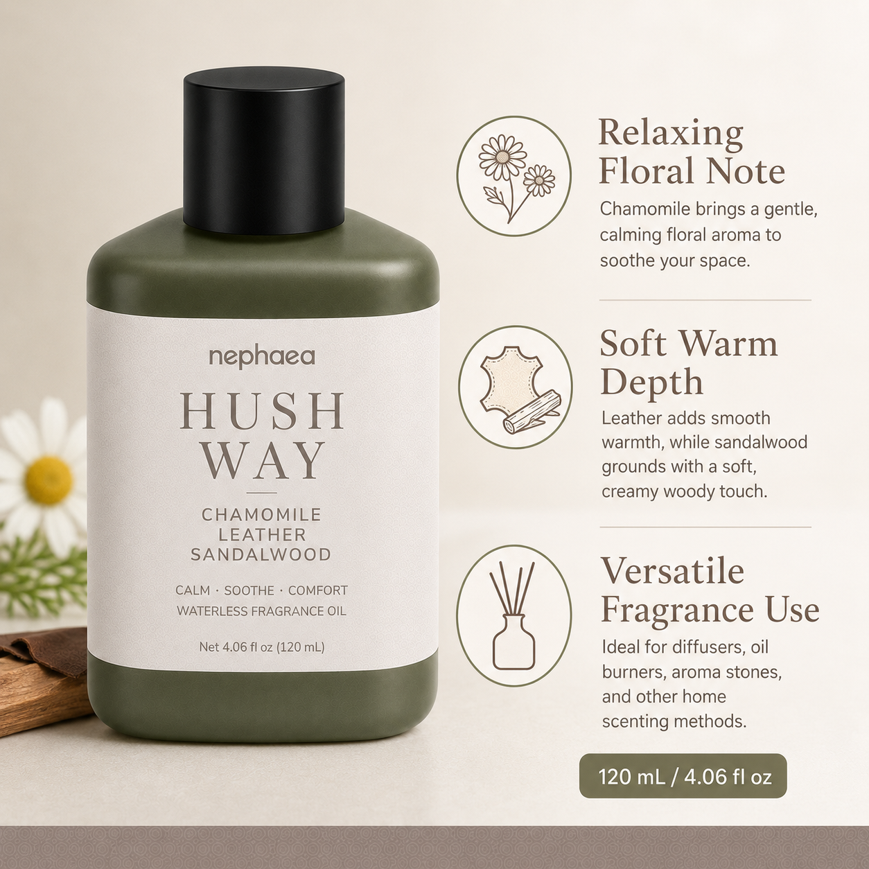 Hush Way fragrance oil features and 120 mL size