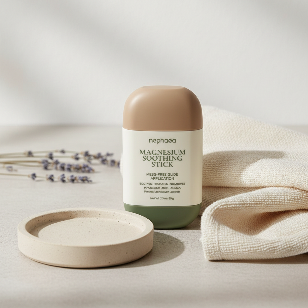nephaea Magnesium Soothing Stick styled with a folded towel