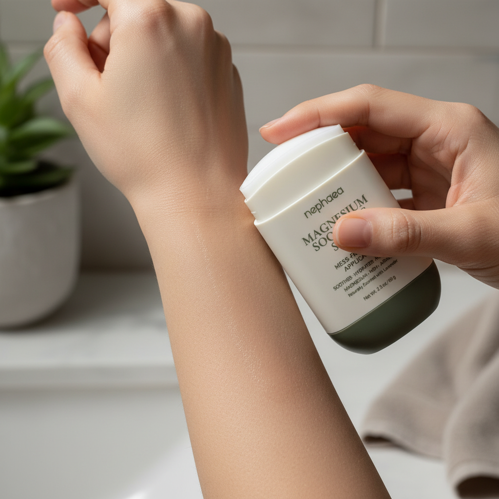 nephaea Magnesium Soothing Stick gliding over a forearm