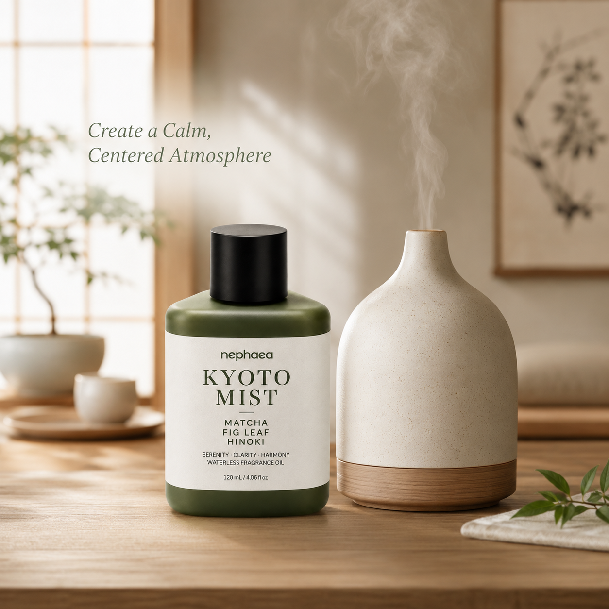 Kyoto Mist fragrance oil styled with a ceramic diffuser