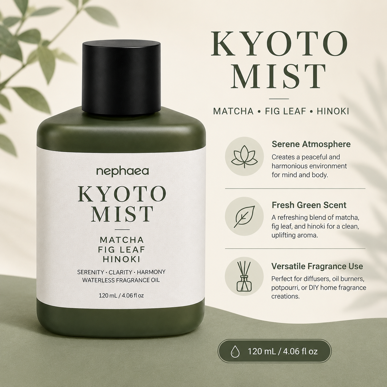 Kyoto Mist fragrance oil features and 120 mL size