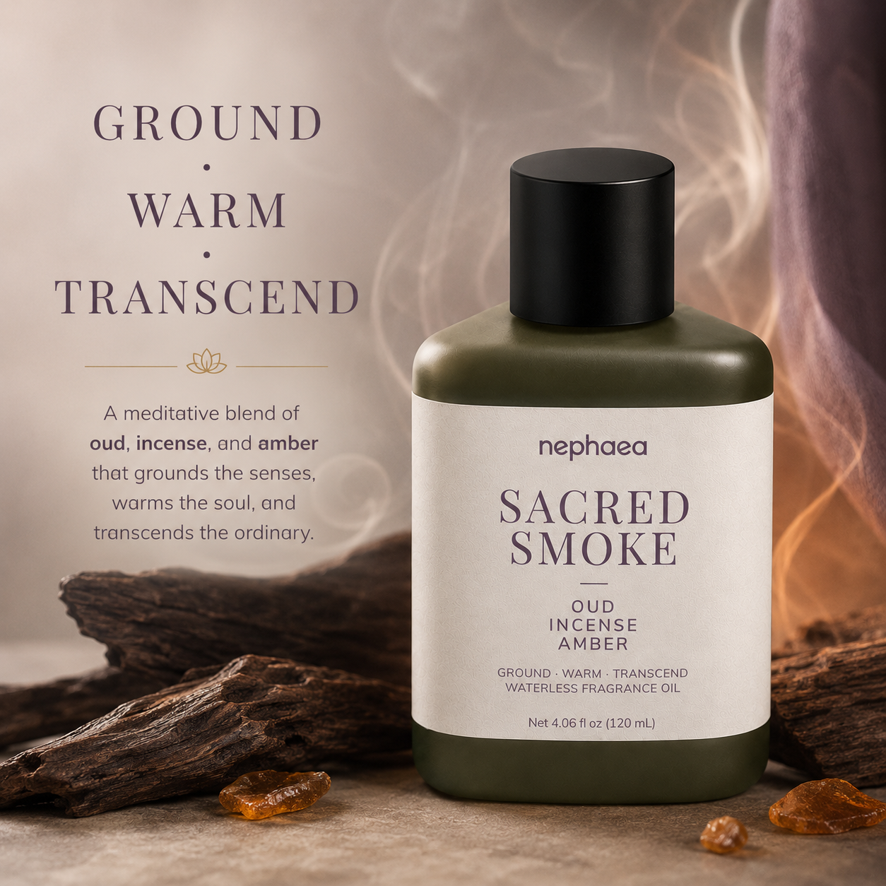 Sacred Smoke fragrance oil features and 120 mL size