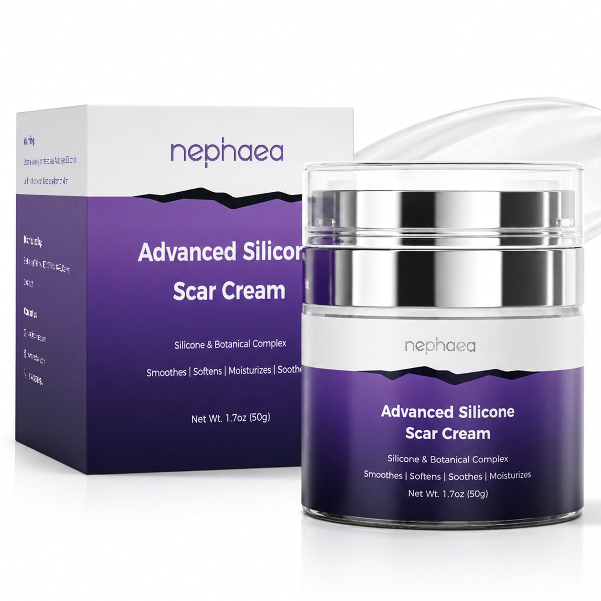 Nephaea Advanced Silicone Scar Cream airless pump jar and box, 1.7 oz