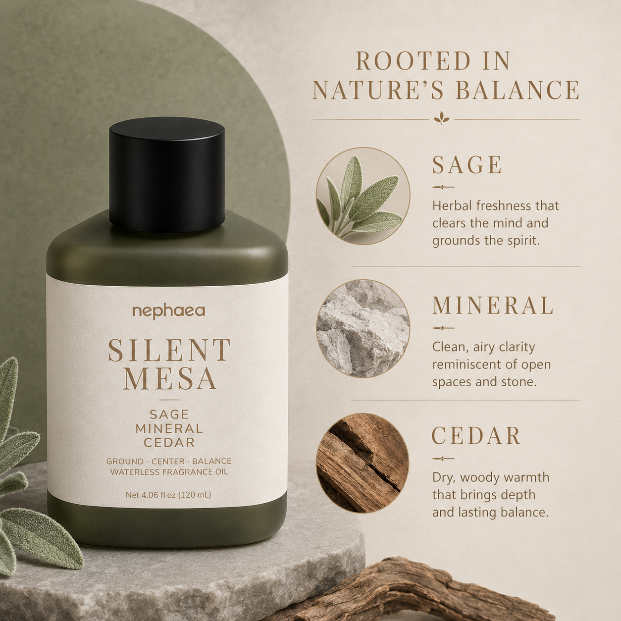 Silent Mesa scent notes — sage, mineral and cedar