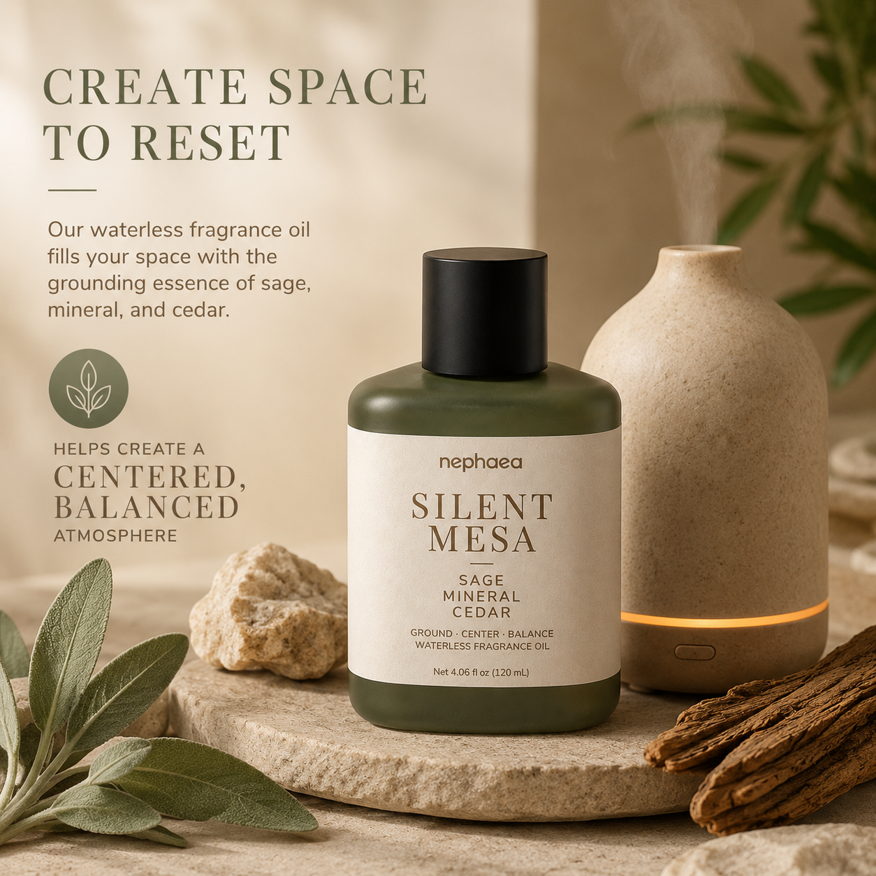 Silent Mesa fragrance oil styled with a ceramic diffuser
